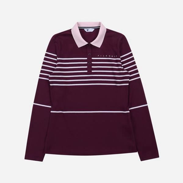 Fila Polokošeľa Damske Bordove - Golf Striped Pique L/S Vypredaj - Slovakia 26541-WDZB